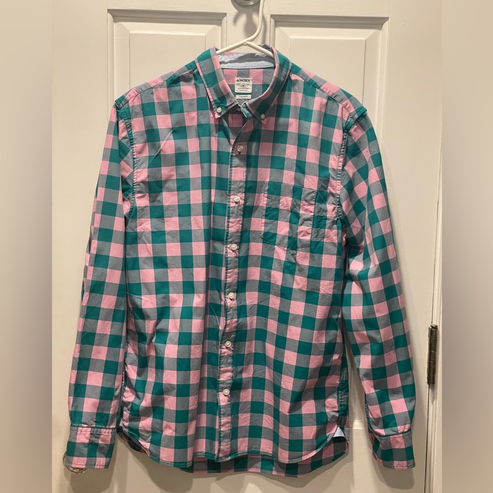 Bonobos Mens Long Sleeve Standard Fit Shirt Size M Pink and Green Check